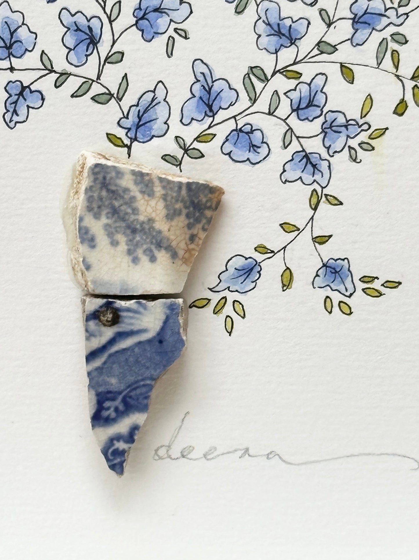 detail of Original mixed media artwork featuring hand-painted flowers with a reclaimed glass or china shards as a sculptural vase. Unique, sustainable wall art framed and ready to hang.