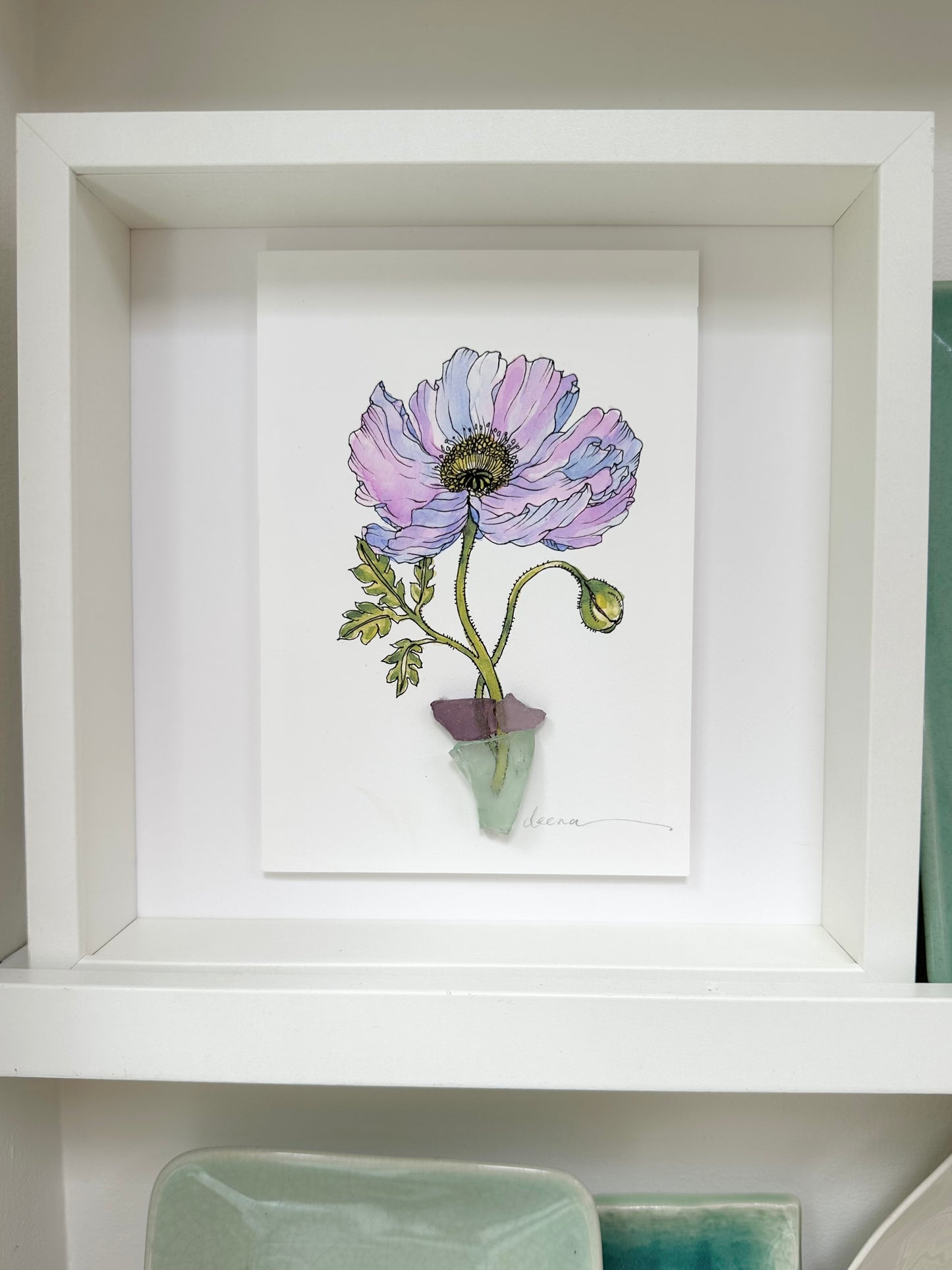 Original mixed media artwork featuring hand-painted flowers with a reclaimed glass shards as a sculptural vase. Unique, sustainable wall art framed and ready to hang.