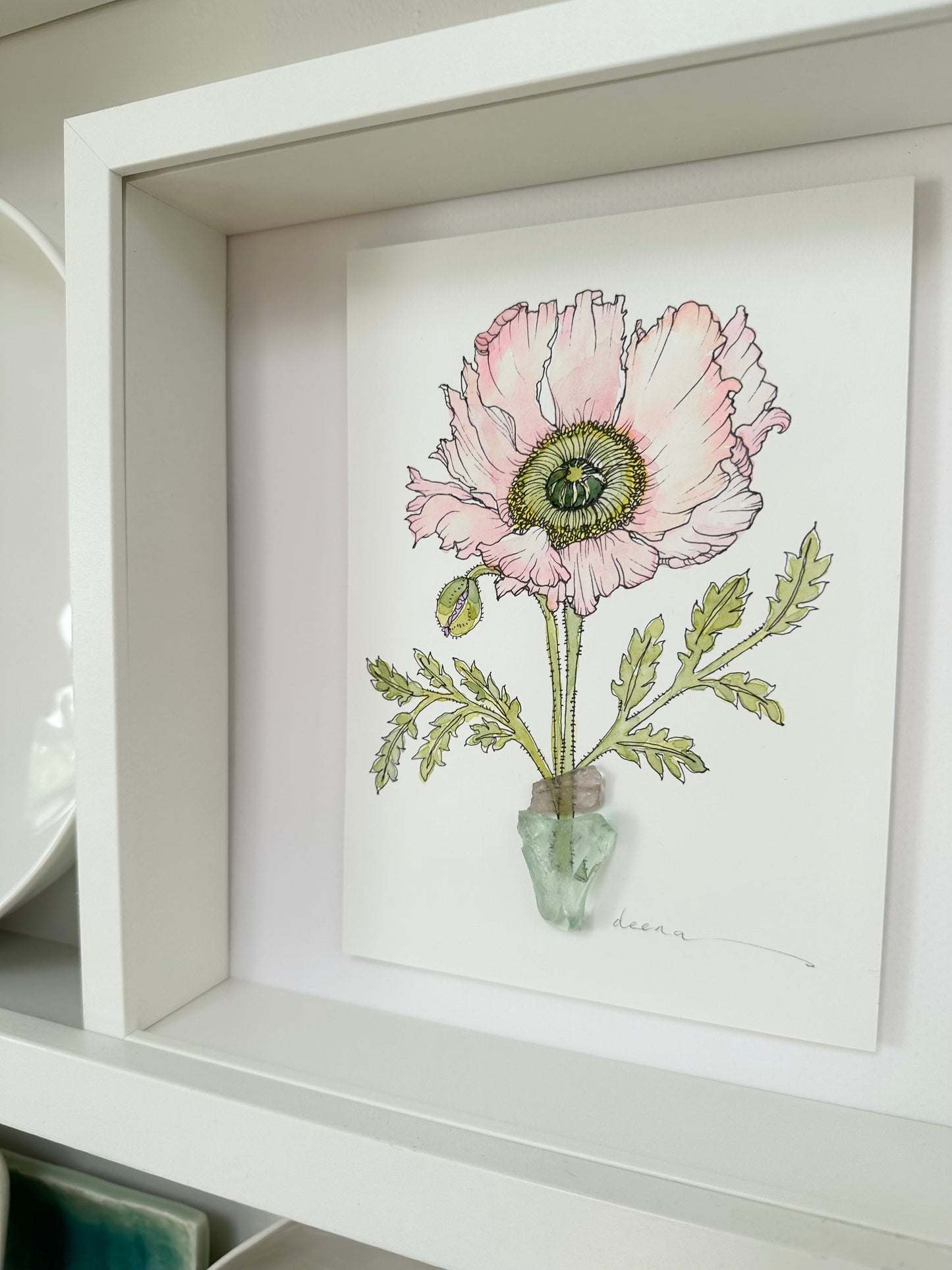 Original mixed media artwork featuring hand-painted flowers with a reclaimed glass shards as a sculptural vase. Unique, sustainable wall art framed and ready to hang.