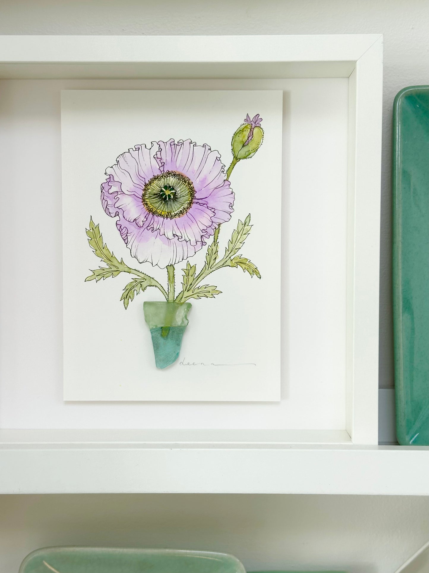 Watercolour and ink floral artwork with found glass piece used as vase.
