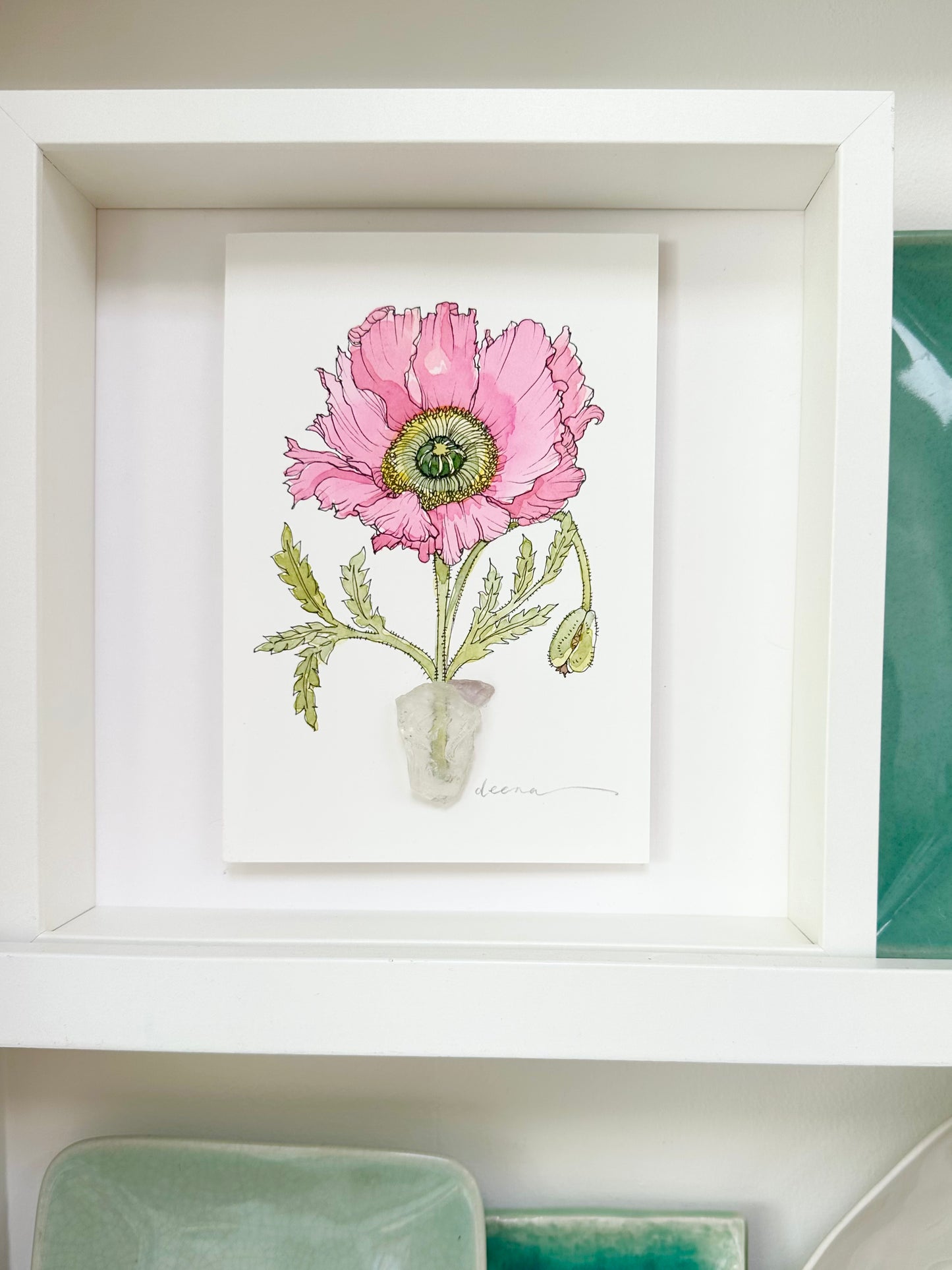 Watercolour and ink floral artwork with found glass piece used as vase.