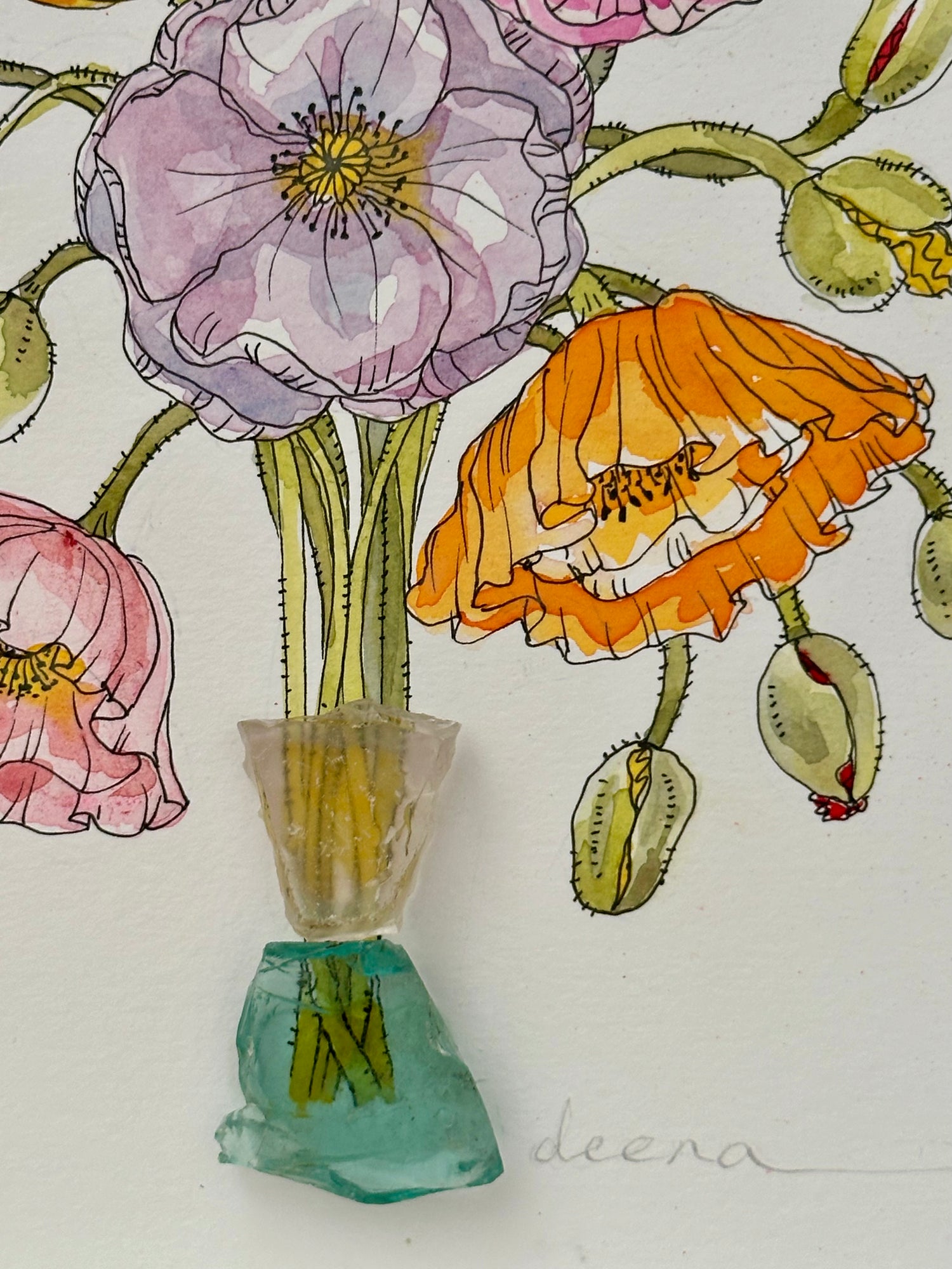detail of Original mixed media artwork featuring hand-painted flowers with a reclaimed glass shards as a sculptural vase. Unique, sustainable wall art framed and ready to hang.