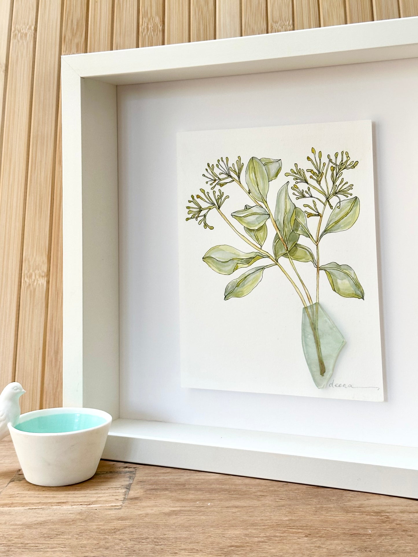 Original mixed media artwork featuring hand-painted flowers with a reclaimed glass shards as a sculptural vase. Unique, sustainable wall art framed and ready to hang.