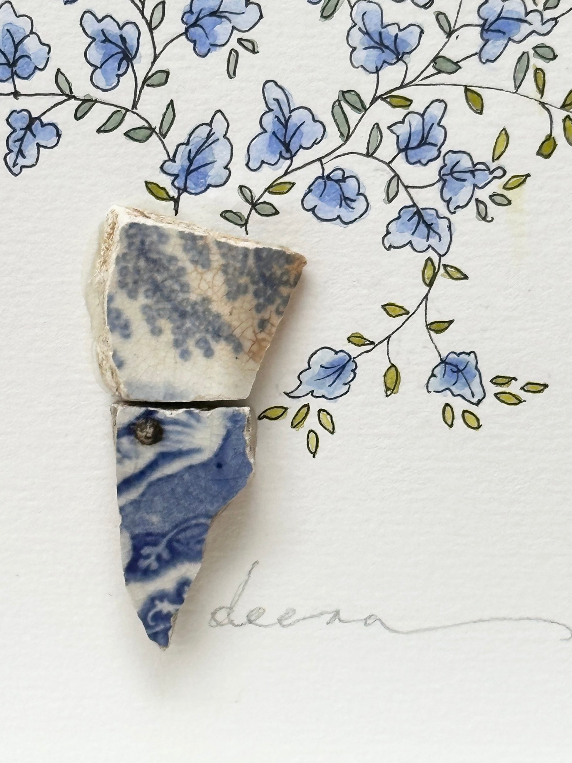 detail of Original mixed media artwork featuring hand-painted flowers with a reclaimed glass or china shards as a sculptural vase. Unique, sustainable wall art framed and ready to hang.