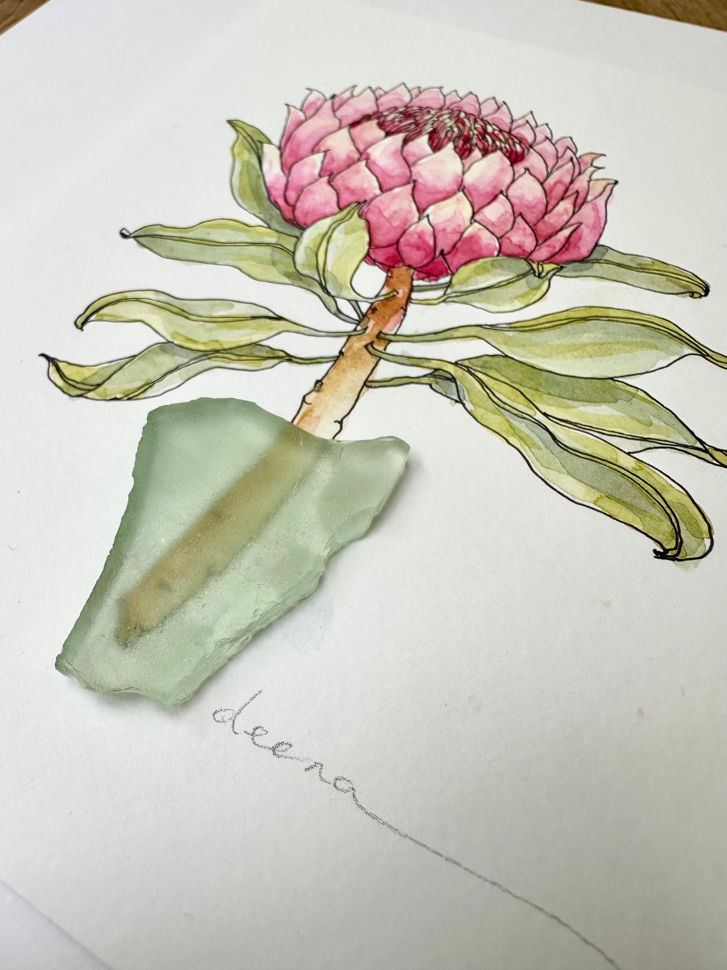 Detail of Original mixed media artwork featuring hand-painted flowers with a reclaimed glass shards as a sculptural vase. Unique, sustainable wall art framed and ready to hang.