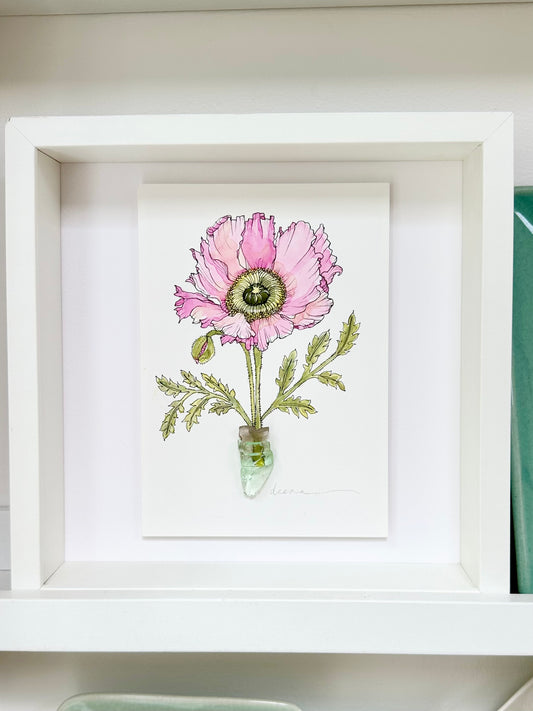 Original mixed media artwork featuring hand-painted flowers with a reclaimed glass shards as a sculptural vase. Unique, sustainable wall art framed and ready to hang.