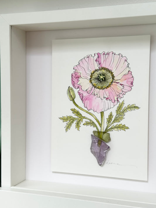 Original mixed media artwork featuring hand-painted flowers with a reclaimed glass shards as a sculptural vase. Unique, sustainable wall art framed and ready to hang.