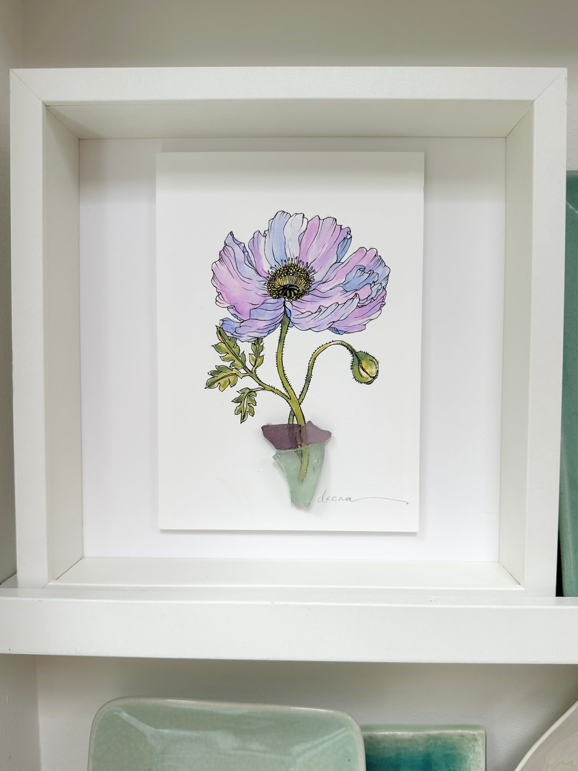 Original mixed media artwork featuring hand-painted flowers with a reclaimed glass shards as a sculptural vase. Unique, sustainable wall art framed and ready to hang.