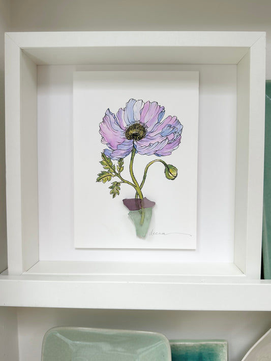 Original mixed media artwork featuring hand-painted flowers with a reclaimed glass shards as a sculptural vase. Unique, sustainable wall art framed and ready to hang.