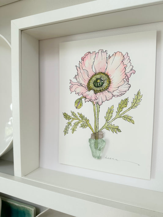 Original mixed media artwork featuring hand-painted flowers with a reclaimed glass shards as a sculptural vase. Unique, sustainable wall art framed and ready to hang.