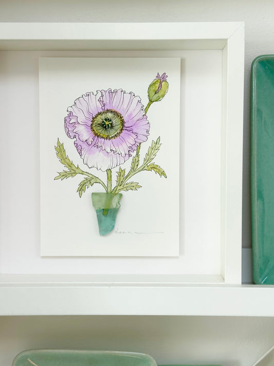 Watercolour and ink floral artwork with found glass piece used as vase.