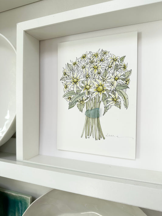Original mixed media artwork featuring hand-painted flowers with a reclaimed glass shards as a sculptural vase. Unique, sustainable wall art framed and ready to hang.