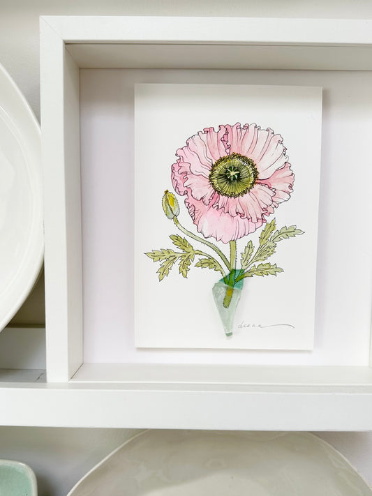 Watercolour and ink floral artwork with found glass piece used as vase.