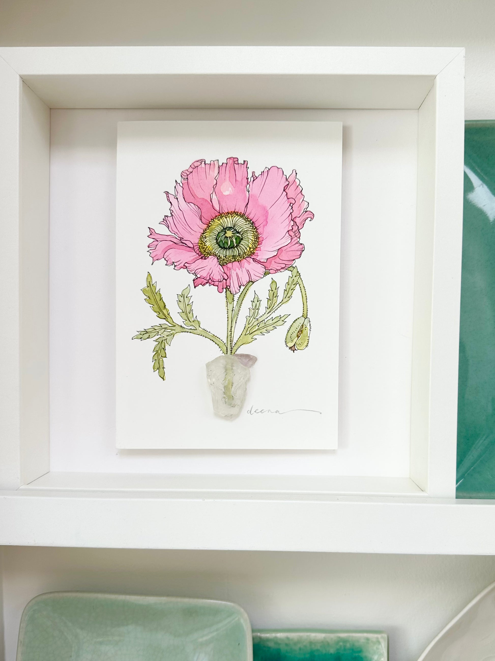 Watercolour and ink floral artwork with found glass piece used as vase.