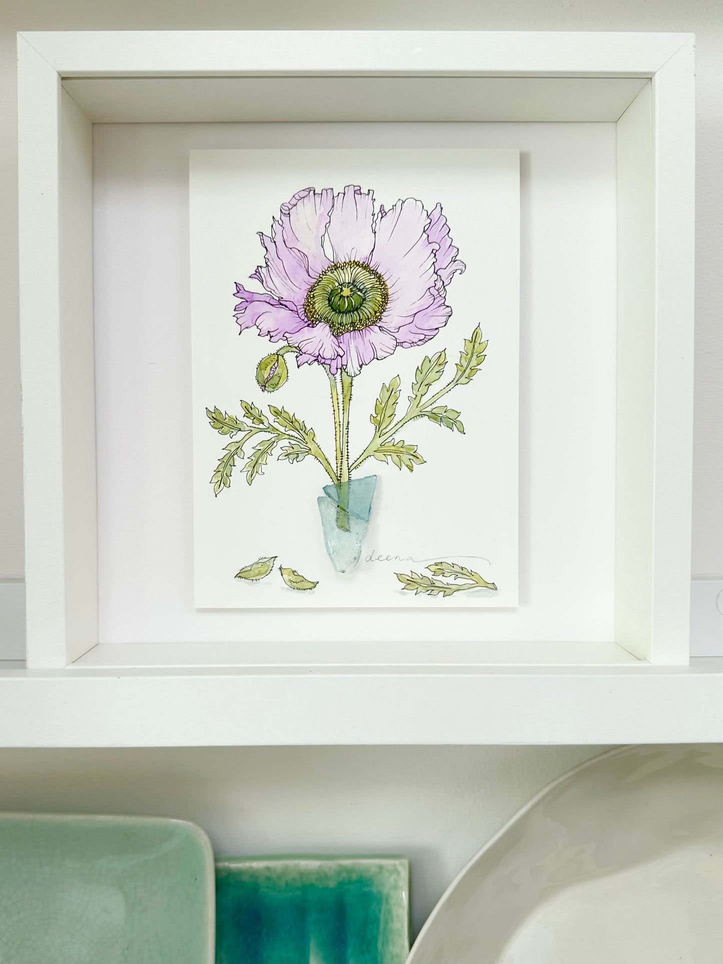 Watercolour and ink floral artwork with found glass piece used as vase.