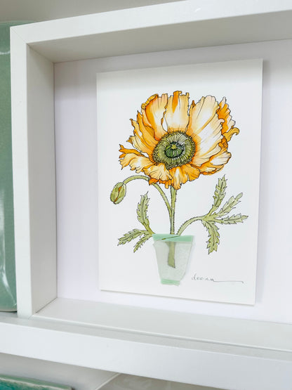 Watercolour and ink floral artwork with found glass piece used as vase.