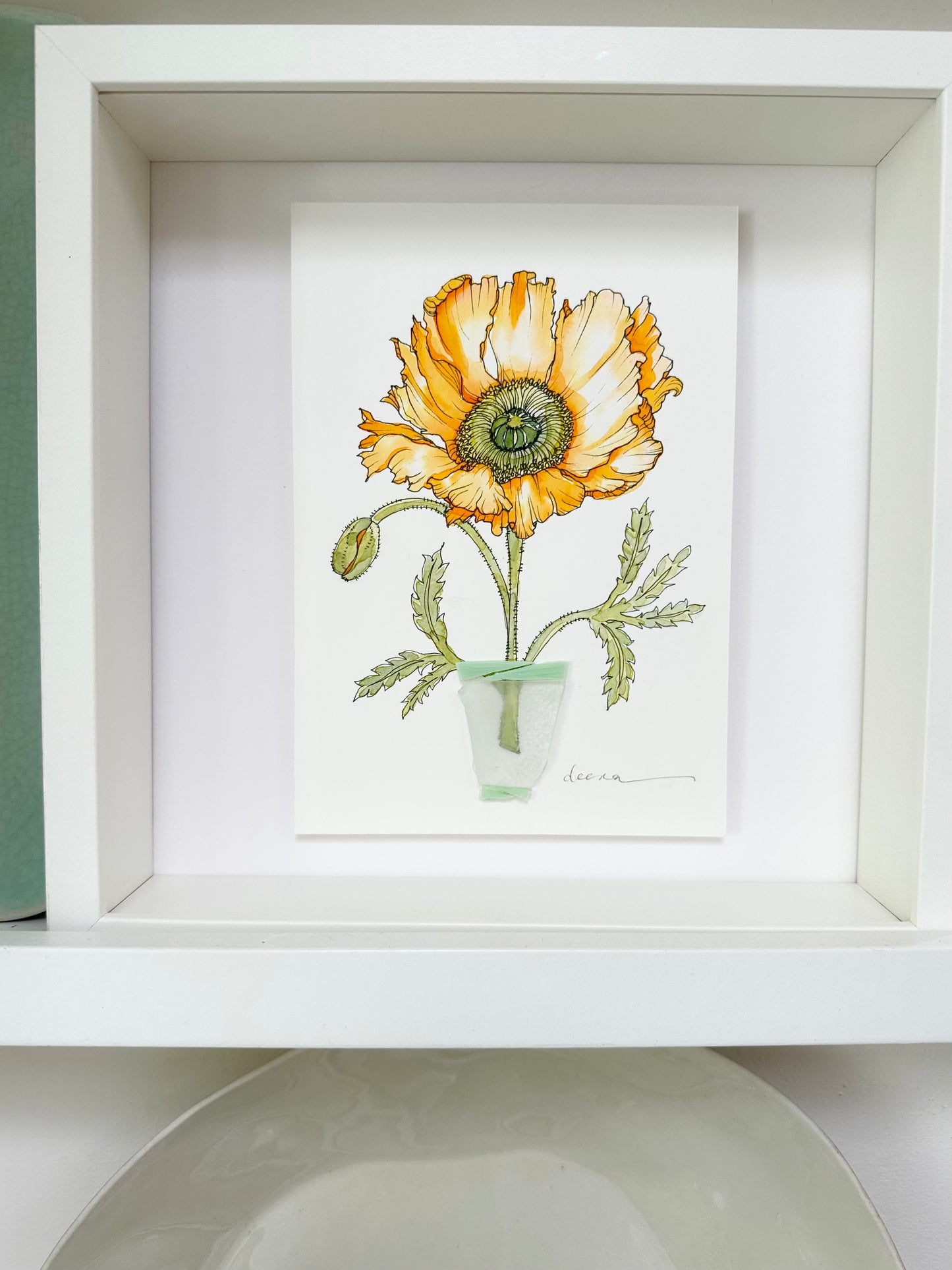 Watercolour and ink floral artwork with found glass piece used as vase.