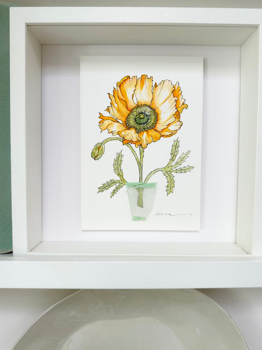 Watercolour and ink floral artwork with found glass piece used as vase.