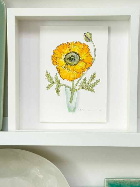 Watercolour and ink floral artwork with found glass piece used as vase.