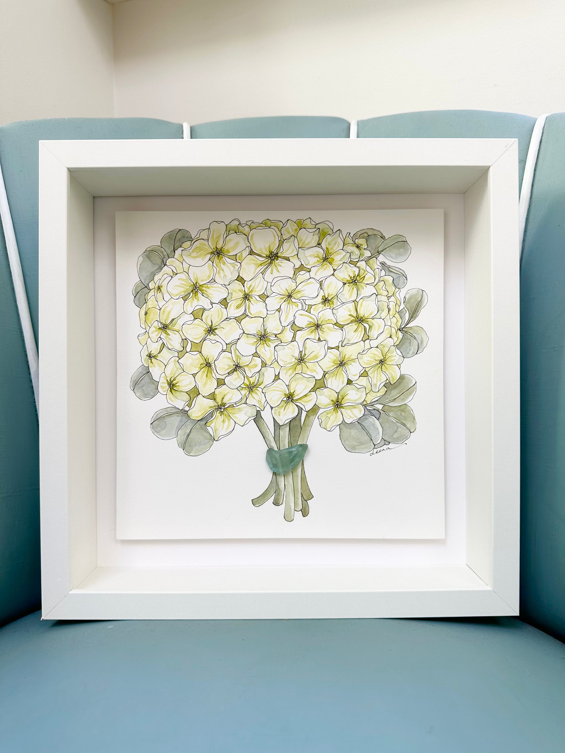 Watercolour and ink floral artwork with found glass piece used as vase.