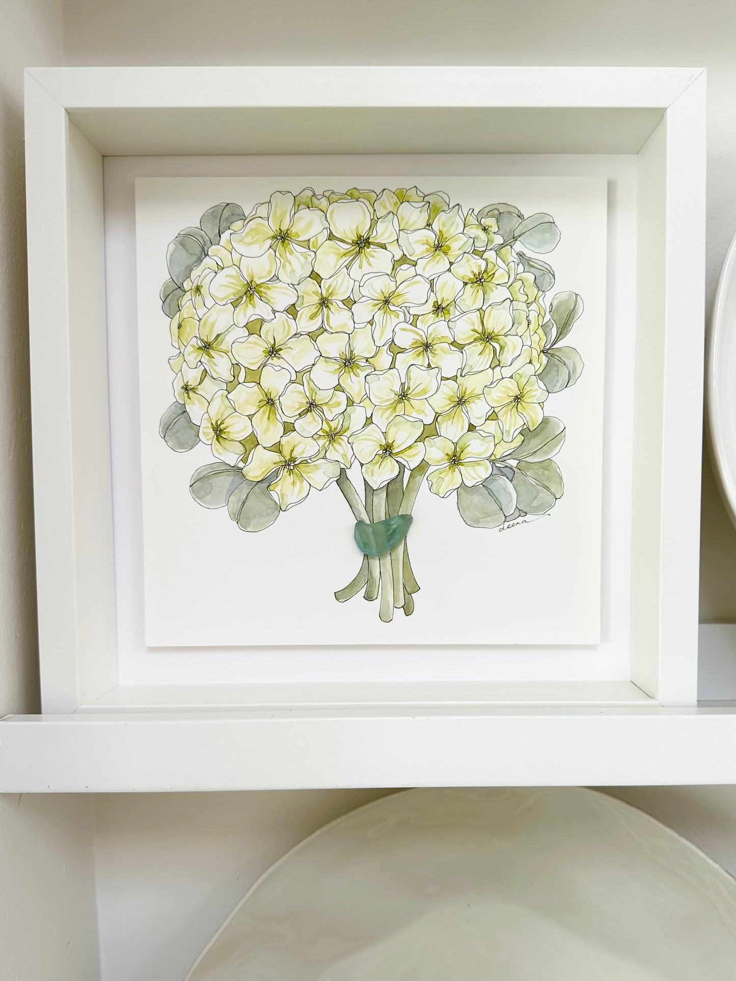 Watercolour and ink floral artwork with found glass piece used as vase.