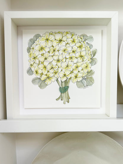 Watercolour and ink floral artwork with found glass piece used as vase.