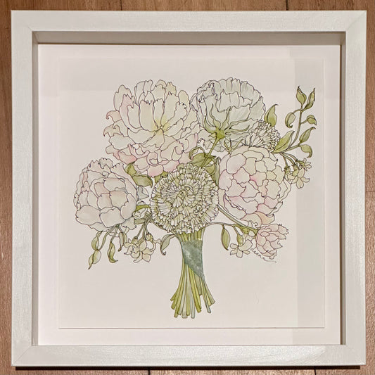 Watercolour and ink floral artwork with found glass piece used as vase.